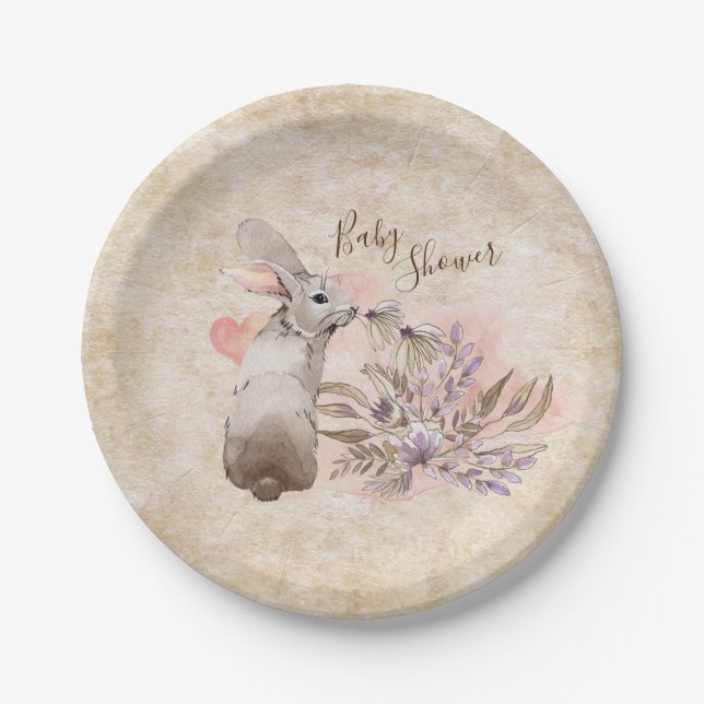 Sweet Bunny Rabbit and Flowers Girls' Baby Shower Paper Plates (Front)