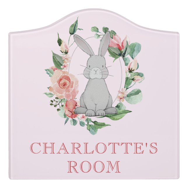 Sweet Bunny Rabbit Pink Roses Baby Nursery Door Sign (Large Crest Front)