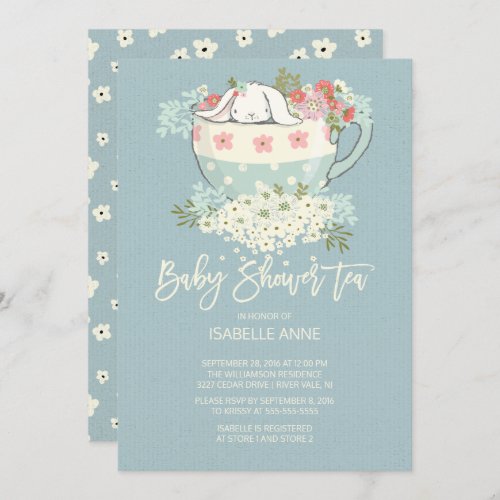 Sweet Bunny Tea Cup Blue Baby Shower Invitations