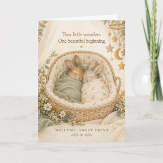 Sweet Bunny Twins Two Little Wonders Welcome Baby Card