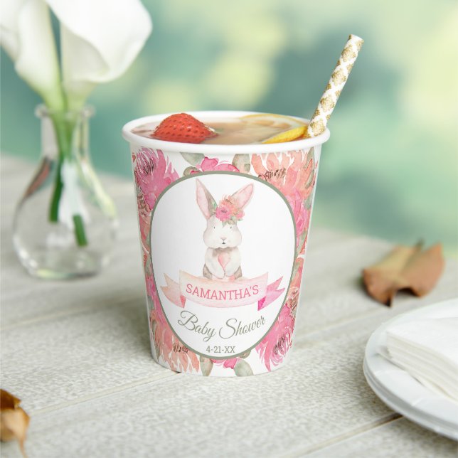Sweet Bunny Watercolor Flowers Baby Shower Paper Cups (Insitu)