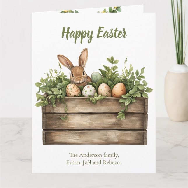 Sweet Bunny Watercolor Plants Eggs Easter  Card (Front)