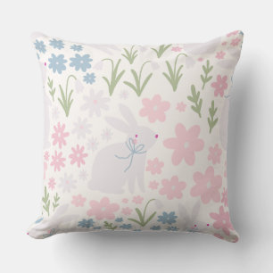 Sweet Bunny & Wildflower Nursery Decor Pastel Throw Pillow
