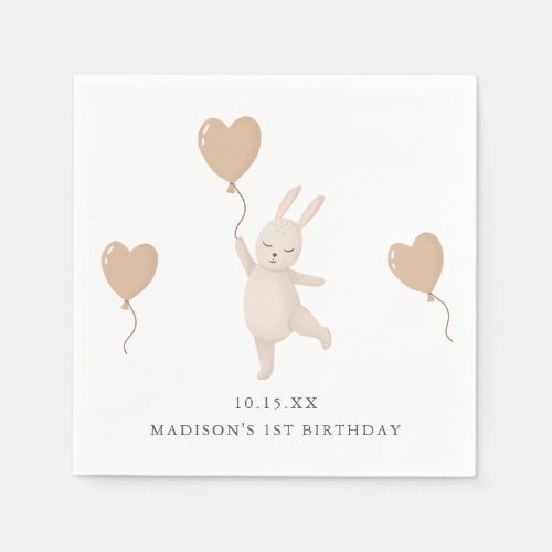 Sweet Bunny with Heart Balloon 1st Birthday Party Napkins