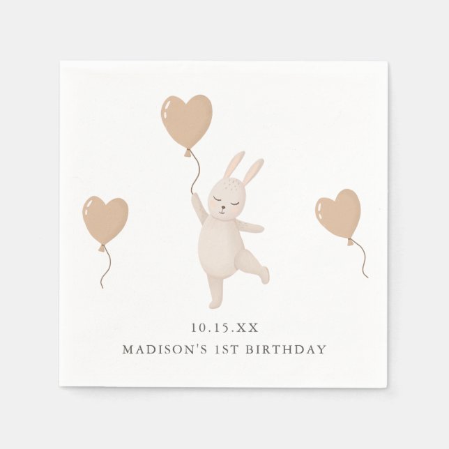 Sweet Bunny with Heart Balloon 1st Birthday Party Napkins (Front)