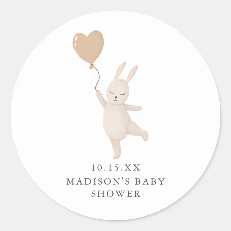 Sweet Bunny with Heart Balloon Baby Shower Date Classic Round Sticker