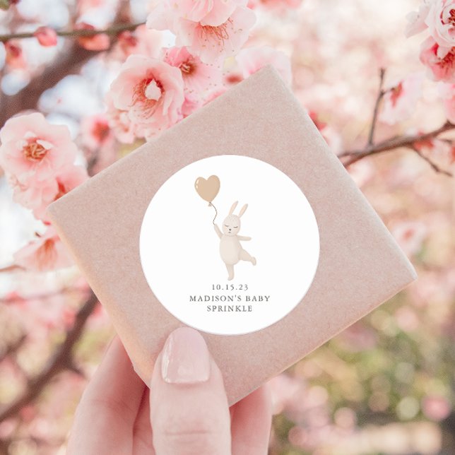 Sweet Bunny with Heart Balloon Baby Sprinkle Date Classic Round Sticker (Creator Uploaded)