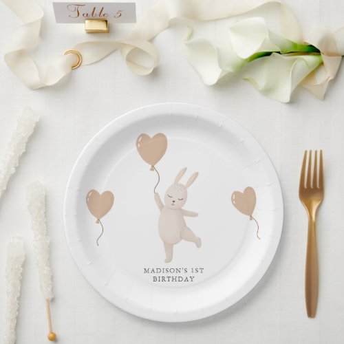 Sweet Bunny with Heart Balloon First Birthday Paper Plates