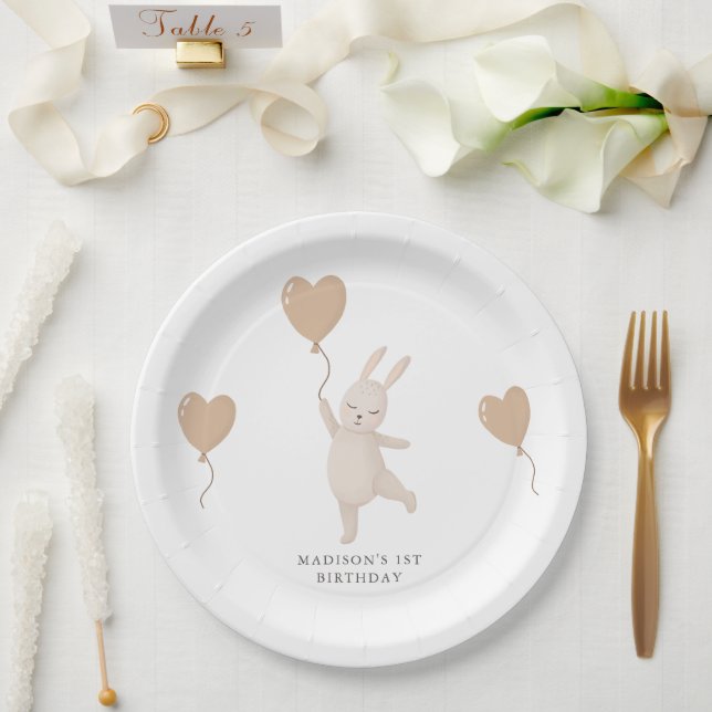Sweet Bunny with Heart Balloon First Birthday Paper Plates (Wedding)