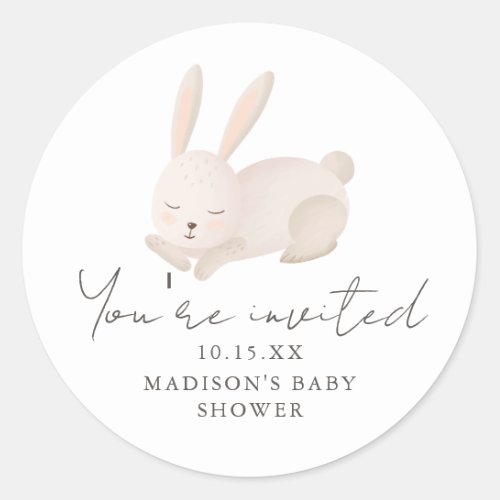 Sweet Bunny Youre Invited Script Baby Shower Classic Round Sticker