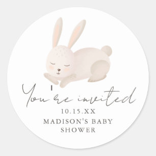 Sweet Bunny You're Invited Script Baby Shower Classic Round Sticker