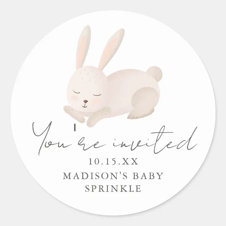Sweet Bunny You're Invited Script Baby Sprinkle Classic Round Sticker