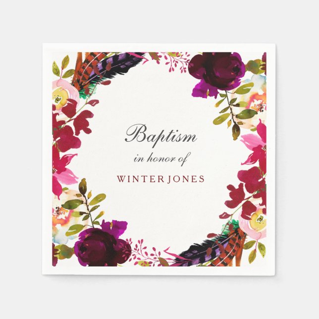 Sweet Burgundy Purple Floral Wreath Baptism Paper Napkins (Front)