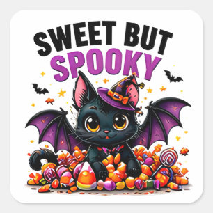 Sweet But Spooky Cute Black Bat Cat Halloween Square Sticker