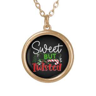 Sweet But Twisted Funny Christmas Candy Cane Gold Plated Necklace