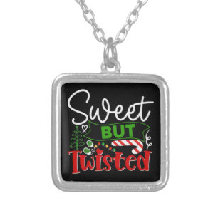 Sweet But Twisted Funny Christmas Candy Cane Silver Plated Necklace