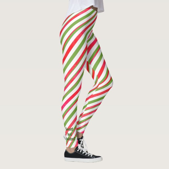 Sweet but Twisted Green and Red Candy Cane Striped Leggings (Right)