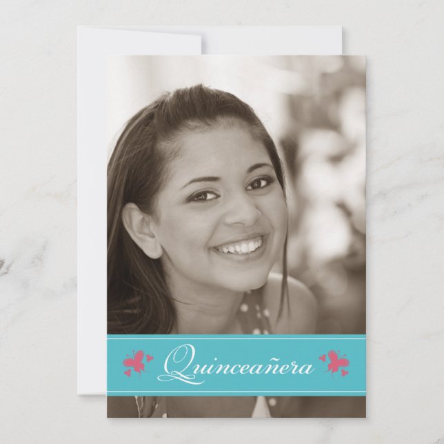 Sweet Butterflies Quinceanera Invitation (aqua) (Front)