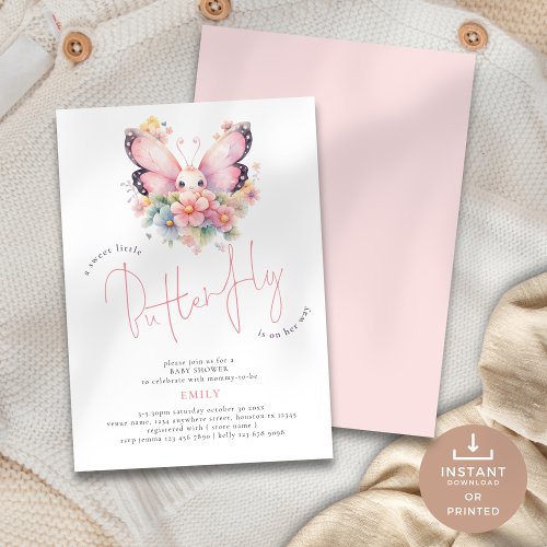 Sweet Butterfly is On Way Florals Baby Shower Invitation