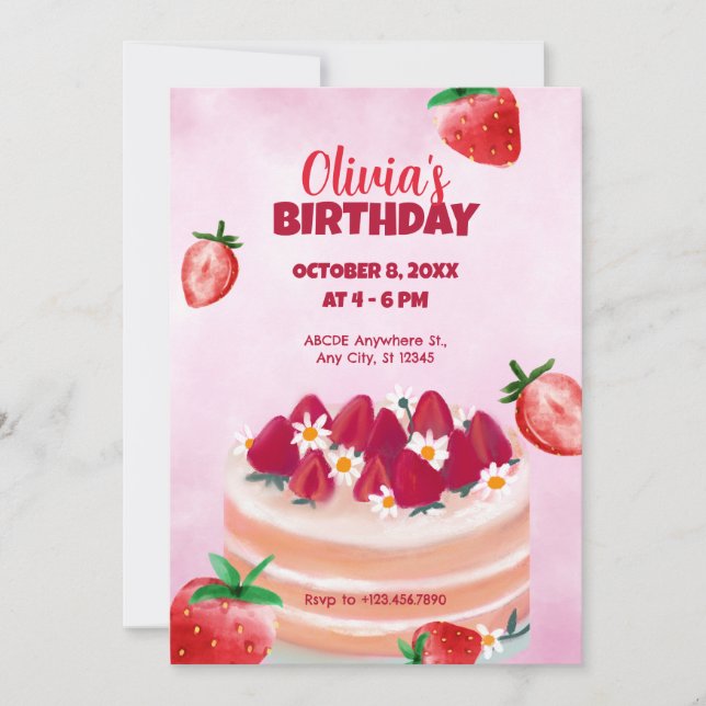 Sweet cake and strawberries birthday invitation (Front)