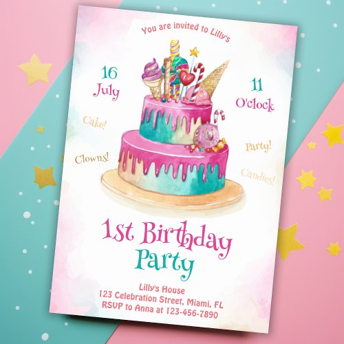 Sweet Cake For Girls Pink Cute Kids 1st Birthday Invitation