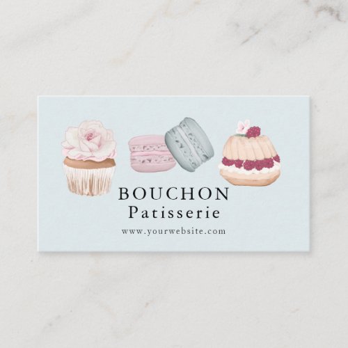 Sweet Cake Macaron Cupcake White Bakery Blue Business Card