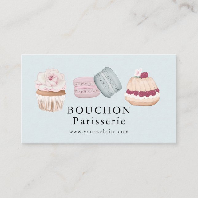 Sweet Cake Macaron Cupcake White Bakery Blue Business Card (Front)