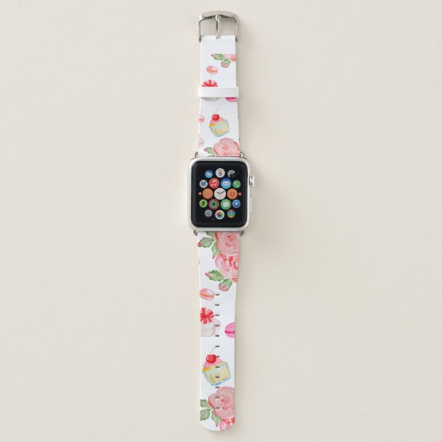 Sweet cakes and roses in watercolour apple watch band (Front)