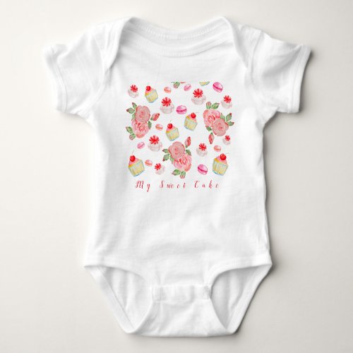 Sweet cakes and roses in watercolour baby bodysuit