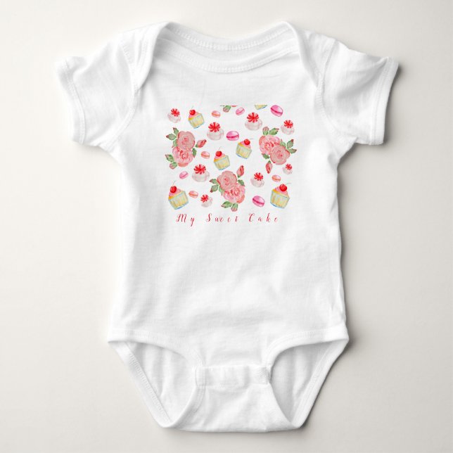 Sweet cakes and roses in watercolour baby bodysuit (Front)