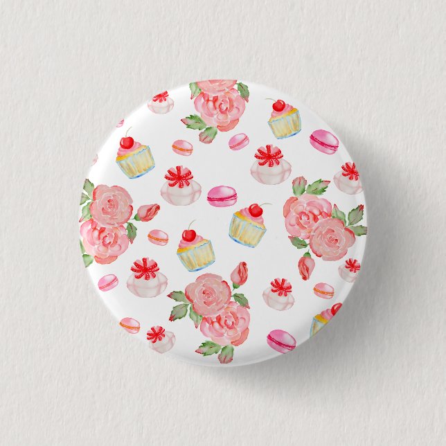 Sweet cakes and roses in watercolour button (Front)