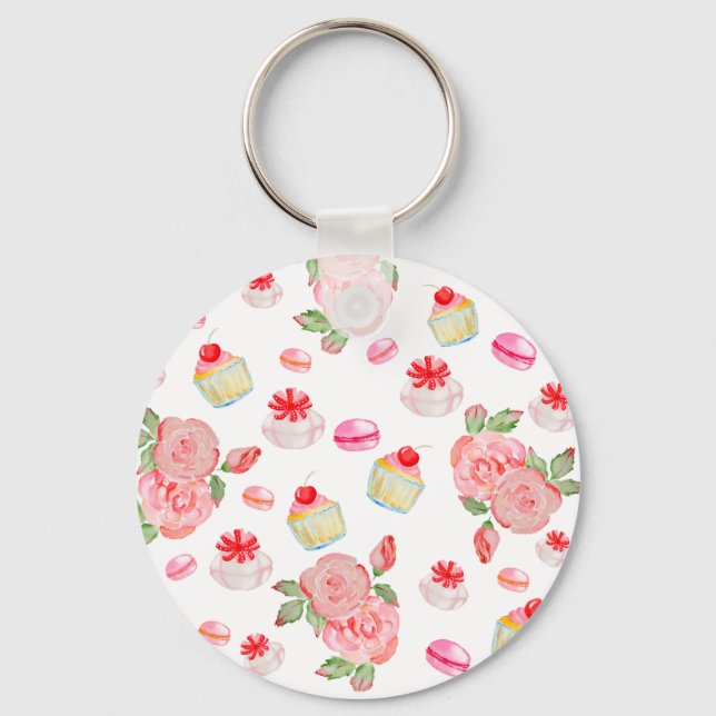 Sweet cakes and roses in watercolour keychain (Front)