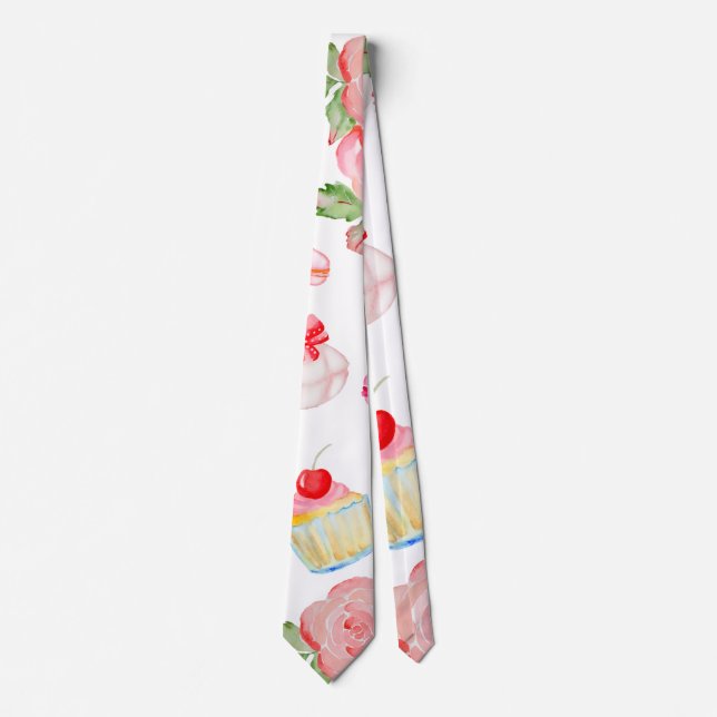 Sweet cakes and roses in watercolour neck tie (Front)