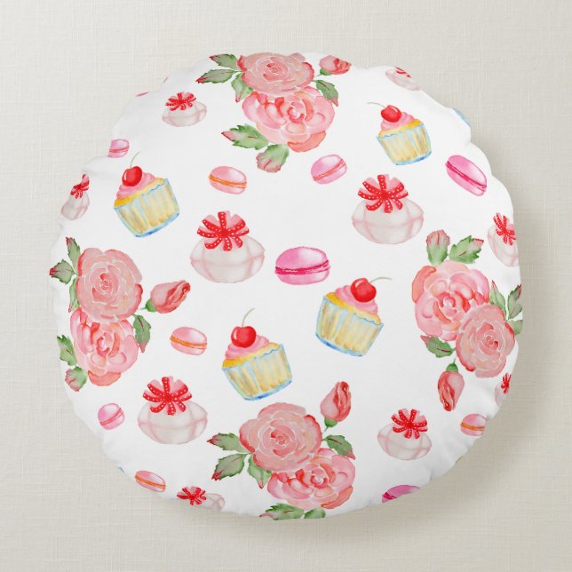 Sweet cakes and roses in watercolour throw pillow (Front)