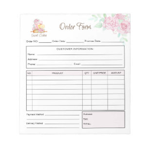 Sweet Cakes Bakery Order Form Receipt Invoice Notepad