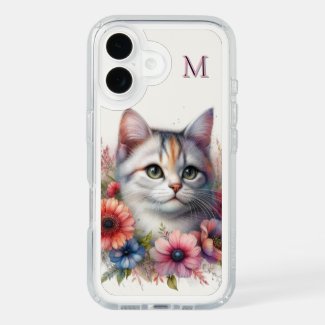 Sweet Calico Cat with Flowers 