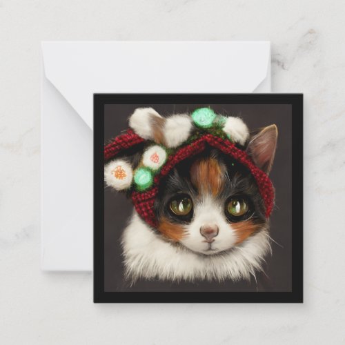 Sweet calico cat with pom pom hat note card