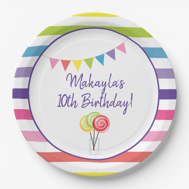 Sweet Candy Birthday Party Lollipop Banner Paper Plates (Front)