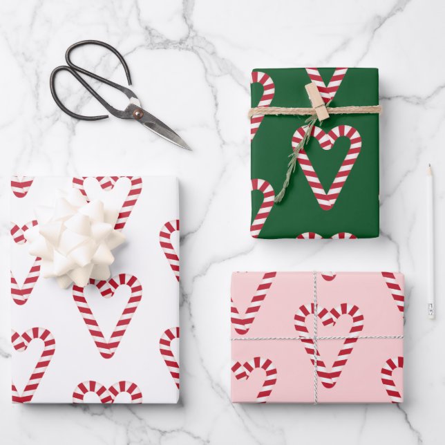 Sweet Candy Cane Heart Wrapping Paper Sheets (Front)