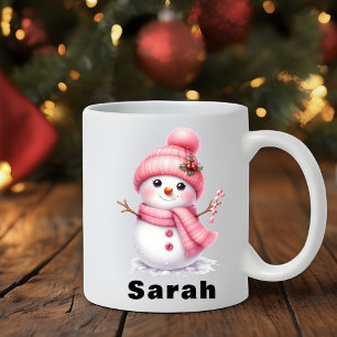 Sweet Candy Cane Pink Snowman Christmas Coffee Mug