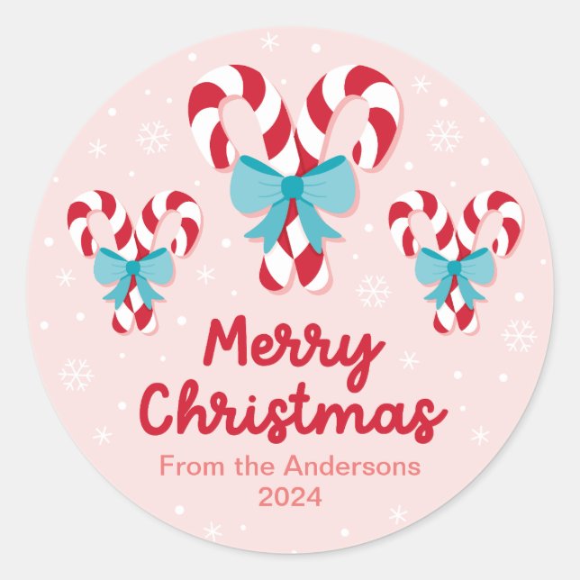 Sweet Candy Canes and Bows Christmas Classic Round Sticker (Front)