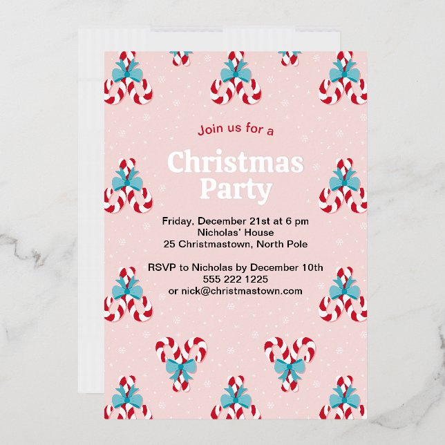 Sweet Candy Canes and Bows Christmas Foil Invitation (Envelope)