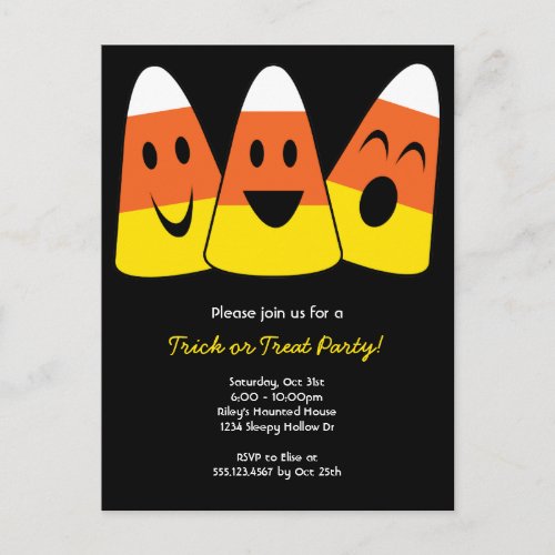Sweet candy corn trick or treat Halloween party Invitation Postcard