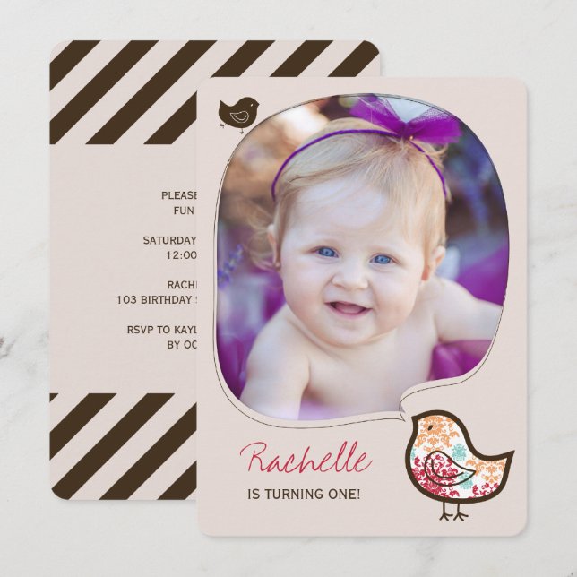 Sweet Candy Damask Chick Girl 1st Birthday Invite (Front/Back)