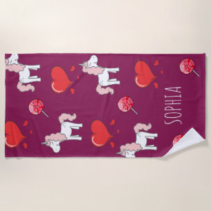 Sweet Candy Heart Unicorn Girls Dark Purple Beach Towel
