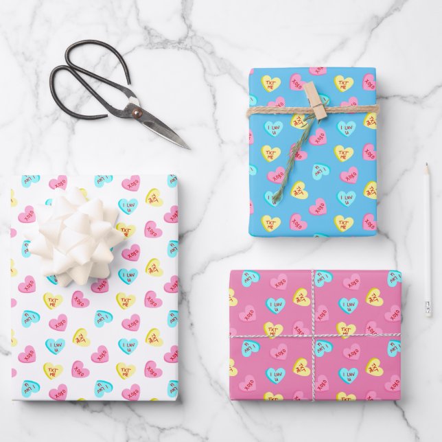Sweet Candy Hearts Valentines Day Wrapping Paper Sheets (Front)