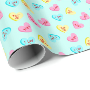Sweet Candy Hearts with Words Blue Valentine's Day Wrapping Paper