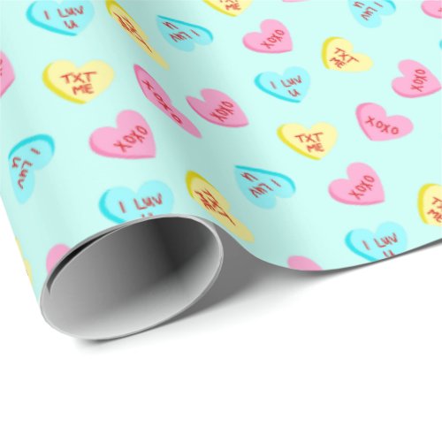 Sweet Candy Hearts with Words Blue Valentines Day Wrapping Paper