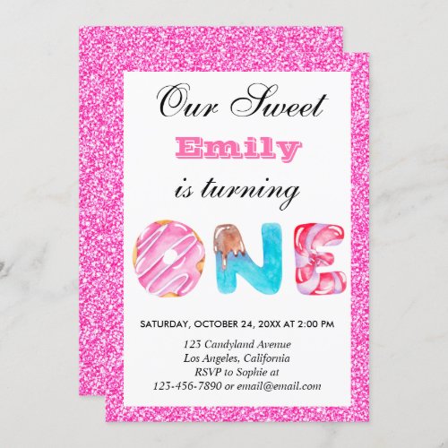 Sweet Candy Hot Pink Glitter First Birthday One Invitation