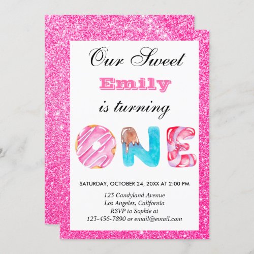Sweet Candy Hot Pink Glitter First Birthday One Invitation